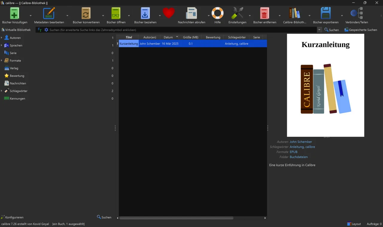Calibre library main window on Windows showing toolbar with Add books and a book list or cover grid.